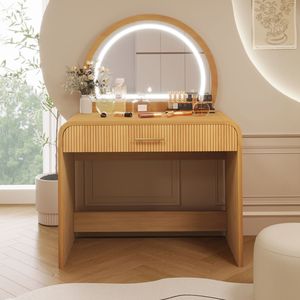 Tavolo da Trucco Naturale da 39 Pollici con Specchio Illuminato Touch Screen e Cassetto per Trucchi, per Camera da Letto - Product Image 2