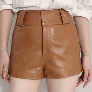 Nouveau style short taille haute en cuir véritable couleur unie confortable et ajusté en peau de mouton véritable avec fermeture éclair pour femme - Product Image 1