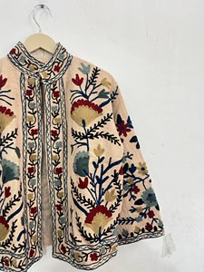 Bohemian Suzani Embroidery Jacket Women Handcrafted Beige Cotton Floral Coat Ethnic Wear Vintage Tribal Design Stand Collar - Product Image 3