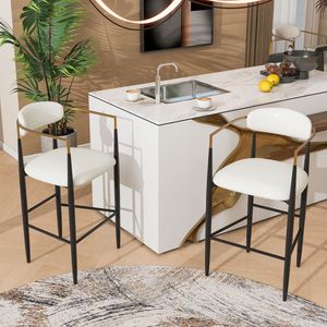 Set di 2 Sgabelli da Bar Alti, Rivestiti in Ecopelle Beige, con Base in Ferro Nero per Isola Cucina - Product Image 1