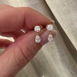 1 Carat Teardrop <b>Dangle</b> Drop Stud <b>Earrings</b> Round Pear Cut 14K Solid Gold Lab Grown <b>Diamond</b> Two Stone Linear Chandelier Wholesale - Product Image 3