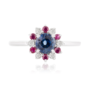 14K White Gold Ruby Blue Sapphire & Diamond Flower Ring-Resizable Wedding Band - Product Image 2