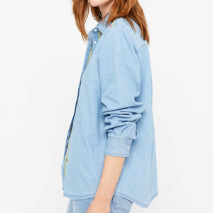 Women's Light Blue Denim Shirt Long Sleeve Turn-<b>down</b> Collar Embroidered Floral Pockets Casual Top Spring Wear - Product Image 3
