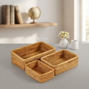 Panier à fruits en rotin naturel, ensemble de plateaux à pain rectangulaires tissés, vaisselle de luxe faite à la main pour la décoration des restaurants et des cafés - Product Image 4