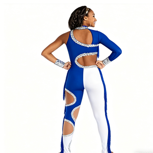 Uniforme de Animadoras con Flecos de Pedrería Azul y Logotipo Frontal para Mujeres y Niñas, Ropa de Baile de Alto Rendimiento en Spandex/Algodón - Product Image 3