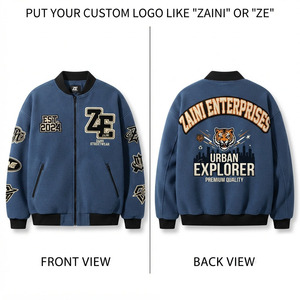 Premium Quality 240g Fleece <b>Jacket</b> Polyester Blue Black Ribbed Bomber Fit Custom Logo Embossed Stand Collar Thin Long Front - Product Image 1