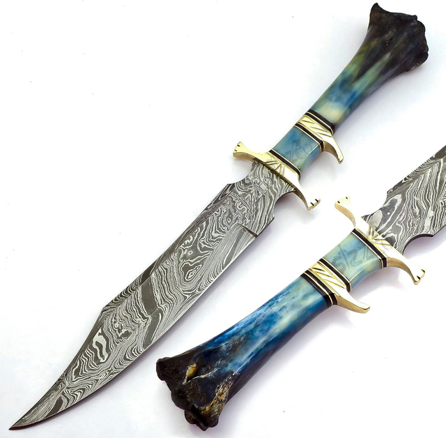 Custom Handmade Damascus Steel Clip Point 15" Bowie Knife Color Camel Bone Handle Leather Sheath Hunting Camping OEM Gift Him