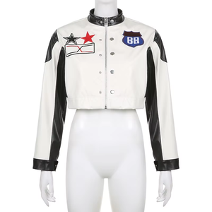 Blouson court de moto pour femme, style streetwear, en toile et cuir, imperméable, coupe-vent et respirant - Product Image 1