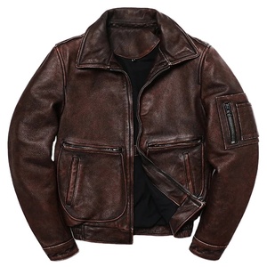Manteau Vintage en Cuir de Vachette Marron pour Homme Veste Slim Style en Cuir Véritable Fermeture Éclair à la Mode Motard Vol en Cuir Pur Toile Hiver - Product Image 1