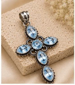 Colgante de Cruz de Topacio Azul Natural, Collar de Cruz de Plata de Ley, Joyería de Topacio Azul con Corte Marquesa, Colgante Religioso de Estilo Vintage - Product Image 3