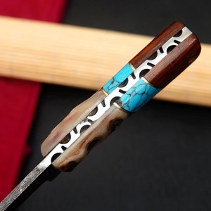 Cuchillo EDC de Hoja Fija de Acero de Damasco, Cuchillos de Caza de Espiga Completa con Mango de Cuerno de Carnero y Madera, Cuchillo OEM para Camping y Actividades al Aire Libre con Funda - Product Image 3