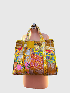 Sac fourre-tout en coton à panneaux floraux avec broderie, style bohème, ouverture supérieure, sac de shopping toutes saisons - Product Image 1