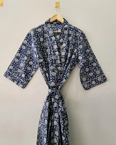 ชุดกิโมโนผ้าฝ้ายพิมพ์ลายฟล็อกสีน้ำเงินอินดิโกพรีเมียม แขนยาว สำหรับผู้หญิง ใส่สบายในฤดูร้อน เป็นมิตรกับสิ่งแวดล้อม ความยาวเต็มตัว - Product Image 1