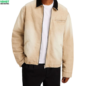 Classic Khaki Washed Work <b>Jacket</b> For <b>Men</b> Distressed Heavy Outerwear Black Ribbed Collar Zip Up Utility Apparel - Product Image 1
