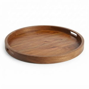 Handcrafted <b>Large</b> Round Solid Wood <b>Tray</b> With Carved Geometric Rim Acacia Decorative <b>Serving</b> Platter For Coffee Table Decor - Product Image 2