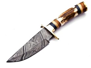 มีดสกินเนอร์เหล็กดามัสกัสแบบสั่งทำพิเศษ ด้ามเขาสัตว์ ใบมีดแบบ Fixed Blade ปลายแหลมตรง พร้อมปลอกหนัง - Product Image 2