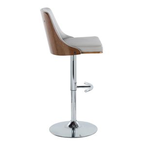 Gianna Mid Century Modern Adjustable <b>Barstool</b> with <b>Swivel</b> Chrome Metal and Walnut Wood Light Grey Faux Leather Rounded Seat - Product Image 3