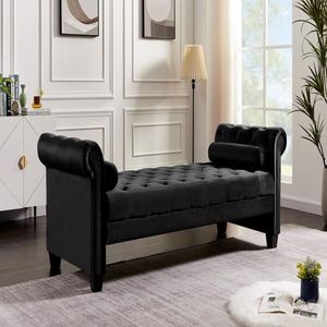 Black Rectangular Velvet <b>Sofa</b> Bench with Solid Wood Legs & Attached Cylindrical Pillows for <b>Living</b> <b>Room</b> - Product Image 2