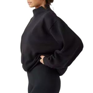 Sweat-shirt à col roulé oversize pour femme, 100% coton tricoté, épaules tombantes, noir uni, respirant, pour l'automne - Product Image 3
