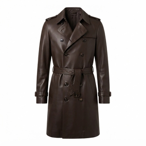 <b>Men's</b> Long Brown Leather <b>Trench</b> <b>Coat</b> With Belt Turn-down Collar Smart Casual Autumn Wear - Product Image 4