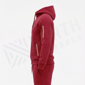 Men's <b>Red</b> Hooded Tracksuit Full Zipper Solid Color Casual Sportswear With Side Pockets Regular Fit Autumn Wear - Product Image 3