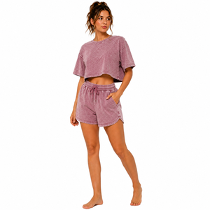 Women's 2 Piece Acid Wash Shorts <b>Set</b> Crop Top Pocket Crew Neck Regular Fit Solid Anti-wrinkle Smocked Waist Garment Dyed <b>Knitted</b> - Product Image 2