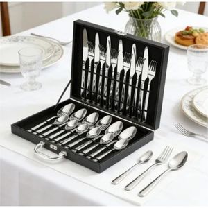 Ensemble de couverts en acier inoxydable de qualité commerciale avec boîte de rangement en bois - Ensemble de couverts durables pour hôtel, restaurant et banquet - Product Image 1