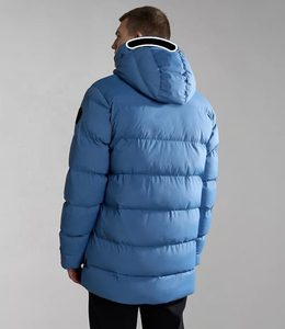 Men's Blue Hooded Long Puffer Jacket Windproof <b>Down</b> Filled Casual Winter Coat with Zipper Closure and Logo on Left Sleeve - Product Image 5