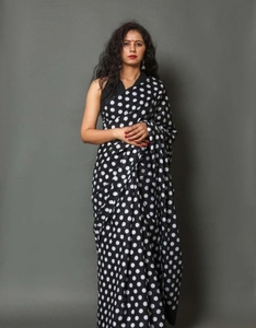 Sari Tradicional KV con Estampado de Polka para Mujer, de Algodón Puro, Reversible, para Bodas y Fiestas Otoñales en India (Negro), Sin Arrugas, de Secado Rápido - Product Image 3