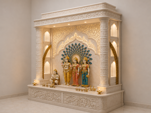 Modern Teak Wood Pooja Temple in White Finish Luxury White Teak Wood Ram Darbar Pooja <b>Mandir</b> High-End Wooden Hindu Shrine - Product Image 3