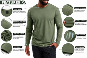 Camiseta de manga larga verde oliva sólida personalizada para hombre, cuello redondo, informal, lisa, de algodón y poliéster de primera calidad. - Product Image 5