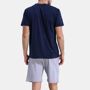 Men's Navy Blue Crew Neck T-Shirt With Gray Shorts <b>Set</b> Casual Summer Wear Breathable <b>Knitted</b> Fabric Solid Color Design - Product Image 3