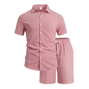 Ensemble décontracté rose pour homme, tenue d'été décontractée, coton tissé respirant, costume deux pièces - Product Image 4