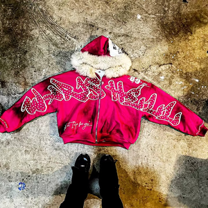 Custom High Quality Embroidered <b>Rhinestone</b> Hoodies Zip up <b>Jackets</b> Heavyweight French Terry Faux Fur Hoodie Manufacturer - Product Image 2