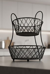 Panier de rangement à fruits en fil métallique noir à deux niveaux, support organisateur de comptoir de cuisine à 2 couches - Product Image 4