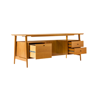 Solid Teak <b>Wood</b> Executive <b>Desk</b> with <b>Drawers</b> and Cabinet Storage, Mid Century Modern Office Table for Home and Workspace - Product Image 3