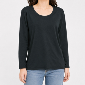 T-shirt à manches longues et col rond noir pour femme, en jersey uni, haut décontracté - Product Image 3