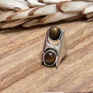 Tiger Eye Wide <b>Statement</b> <b>Ring</b> Men Silver Plated Brass <b>Ring</b> Jewelry Bold Geometric Double Stone Design Wholesale - Product Image 4