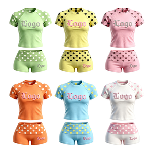 Women Polka Dot Crop Top <b>Shorts</b> Set Glitter Logo Print Quick Dry Spandex <b>Polyester</b> Summer Wear Crew Neck <b>Short</b> Sleeve - Product Image 1