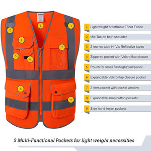 Chaleco de Seguridad de Poliéster Naranja de Alta Visibilidad con Franjas Reflectantes, Múltiples Bolsillos, Cierre de Cremallera, Impermeable, Unisex, Ropa de Trabajo - Product Image 3