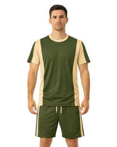 Men Olive Green Beige Sports TShirt And Shorts Set Breathable Quick Dry Gym Wear <b>Athletic</b> Running Training Activewear Outfit Set - Product Image 1