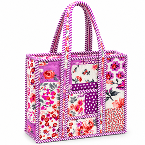 Sac fourre-tout grande capacité à motifs floraux violets, fermeture éclair, toutes saisons, style bohème, en coton - Product Image 1