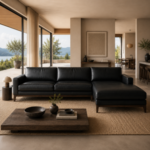 Sofá Seccional Clásico Tradicional de Cuero Genuino con Chaise Longue, Color Negro, Muebles de Lujo para Sala de Estar, Hotel y Hogar - Product Image 1