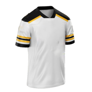 Maillot de football blanc pour homme à col en V avec rayures bleues et noires, manches courtes, en polyester respirant et anti-transpiration - Product Image 1