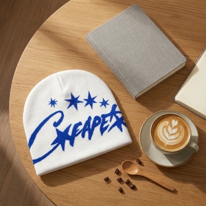 White Blue Star Graphic Knit Beanie Hat Custom Logo Ribbed <b>Winter</b> <b>Cap</b> Unisex Streetwear Fashion Headwear Wholesale OEM - Product Image 5