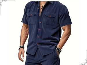 Men's Olive Green Striped <b>Short</b> Sleeve Shirt & <b>Shorts</b> Set Casual Breathable 100% Cotton Regular Fit Summer Outfit - Product Image 6