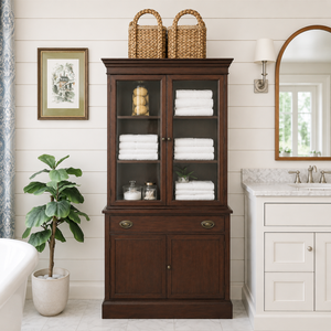 Artisanal Teak Wood <b>Deep</b> <b>Shelf</b> Washroom Sideboard Vintage Bail Handle Storage Cabinet for Clean Towels - Product Image 1