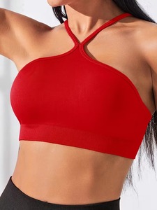 Female High Neck Keyhole Halter Gym Bra Ribbed Elastic Underband Wireless Fitness <b>Crop</b> <b>Top</b> Bulk Order Apparel Manufacturer - Product Image 5
