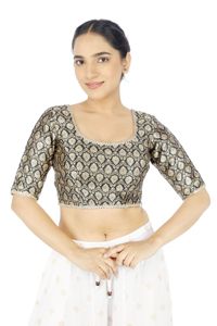 Haut court prêt-à-porter en soie Shreya pour femme, avec fermeture éclair latérale, col carré, broderie jacquard en brocart doré Zari, rembourré - Product Image 3