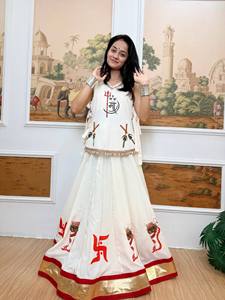 Traditional Indian Women's White Cotton <b>Lehenga</b> Set With <b>Red</b> Swastika Print Floor-Length Loose Fit For Diwali Occasion - Product Image 1